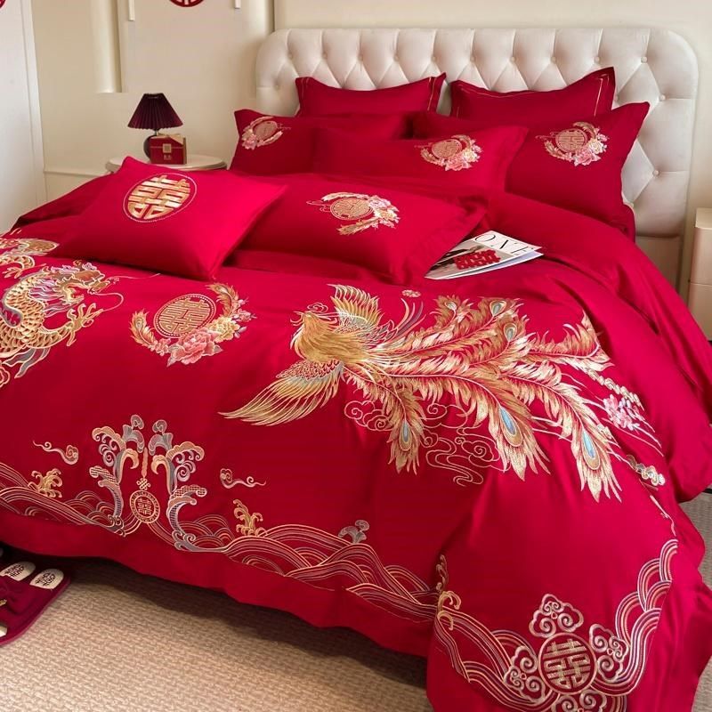 中式龙凤刺绣婚庆四件套新婚结F婚床单被套大红色床上用品,床上用品,婚庆床品套件,淘宝优惠券,粉丝福利购,淘宝优惠卷