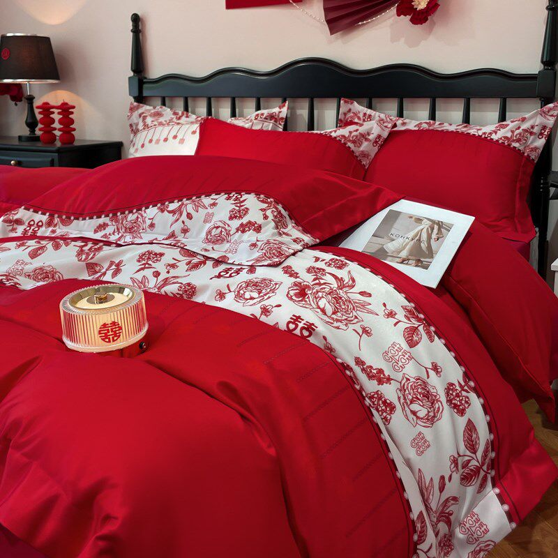 简约结婚四件套大红色婚礼新婚被套婚庆床T上用品婚房陪嫁,床上用品,婚庆床品套件,淘宝优惠券,粉丝福利购,淘宝优惠卷