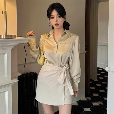 自在小个b子高级感法式醋酸缎面衬衫系带半裙两件套2024秋女套装