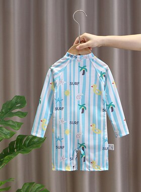 男童泳衣儿童夏装2p025新款长袖连体宝宝条纹帅套装