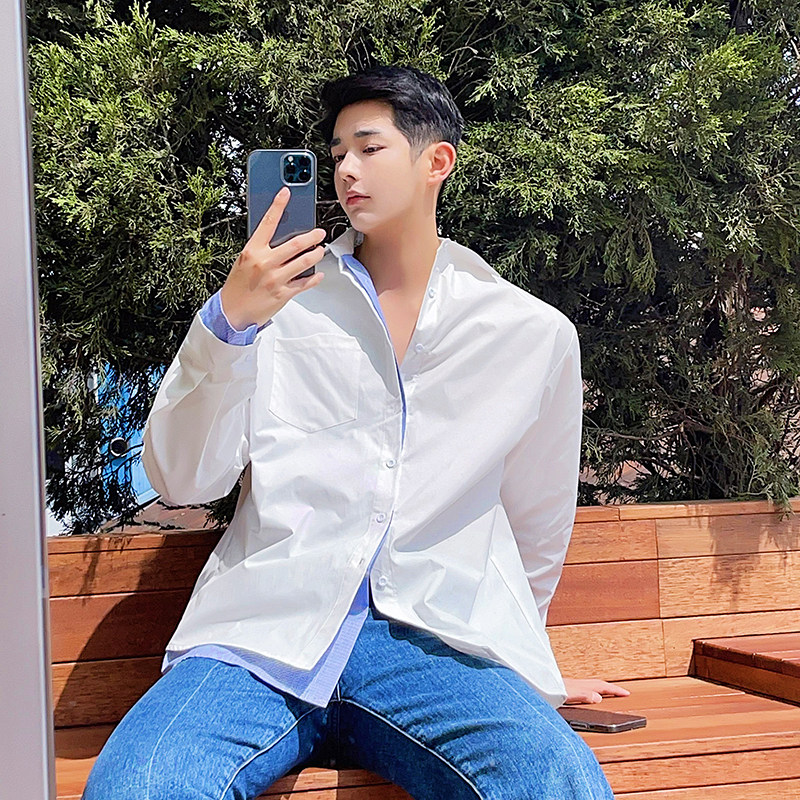 很仙的白衬衫男长袖春夏个u性条纹拼接设计感网红款韩版假两件衬