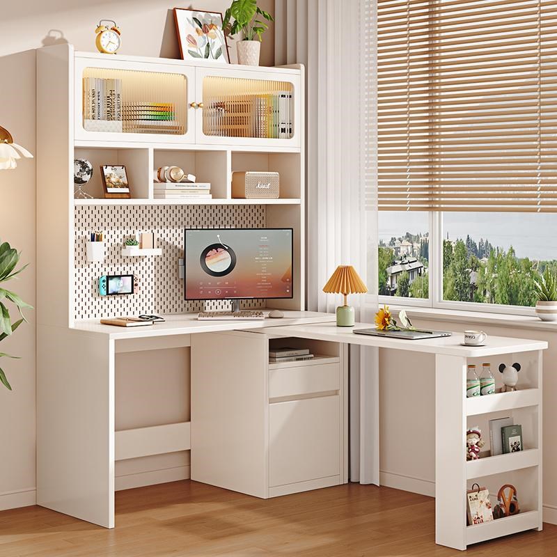 实木书桌书架一体转角电脑桌洞洞板组合旋转桌面学生学习桌办公桌