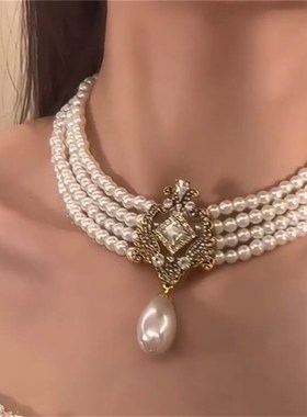 zoozmomo欧美风短项链女复古巴洛克宫廷多层珍珠锁骨链高级感颈链