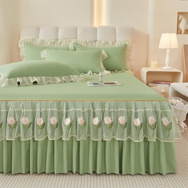 2025新款水洗棉纯色床裙三件套郁金香刺绣蕾丝花边床罩防尘罩床单,床上用品,床裙,淘宝优惠券,粉丝福利购,淘宝优惠卷