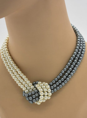 时尚百搭珍珠打结锁骨项链女人造珍珠多层颈链黑白串珠首饰配饰