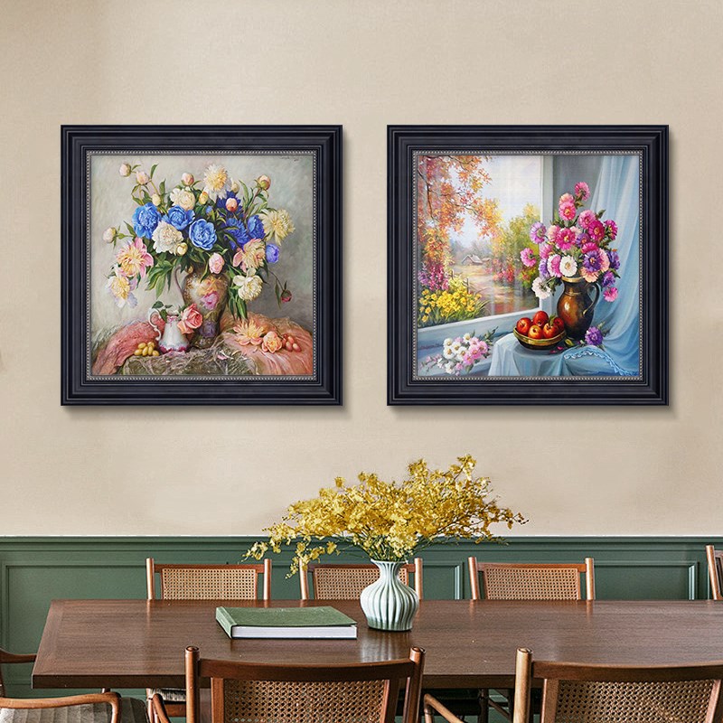 牡丹花卉手绘油画美式餐厅挂画花开富贵玄关装饰画卧室复古壁画图片