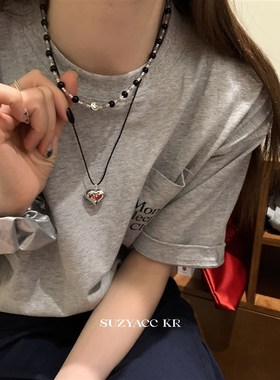 suzyacc kr轻奢百搭小众黑白串珠项链女款2024新款爱心黑绳项链