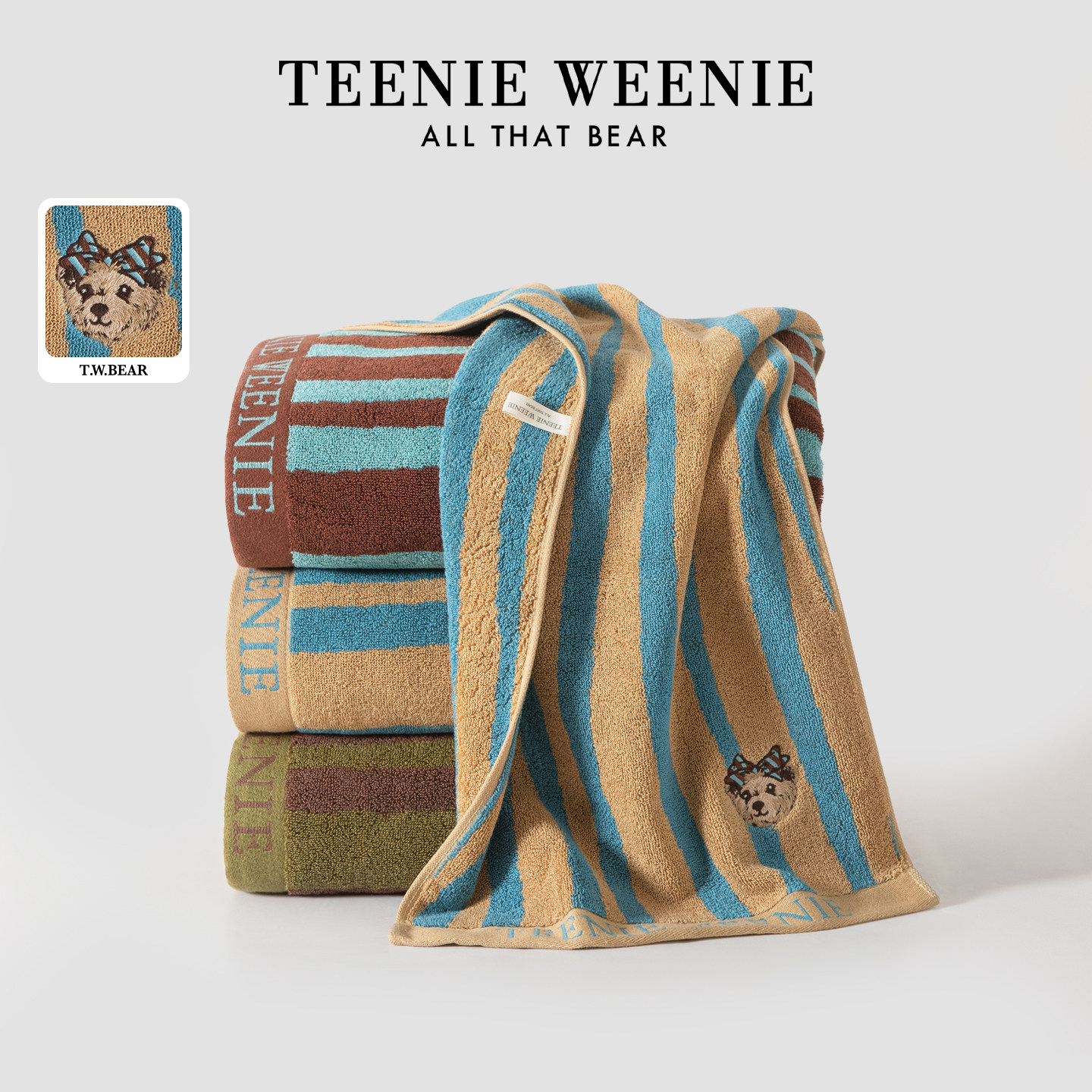 TeenieWeenie小熊刺绣海浪纹全棉浴巾纯棉吸水毛巾加厚洗澡裹巾女