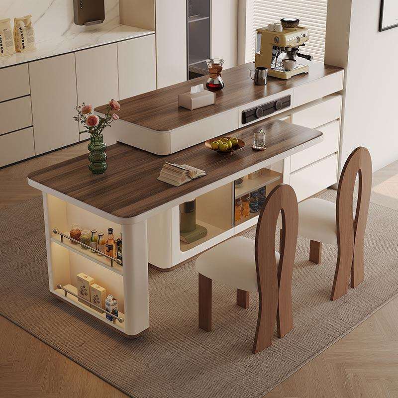 开放式厨房复古餐桌家用可伸缩一体小户型台色岛台导胡桃旋转岩板