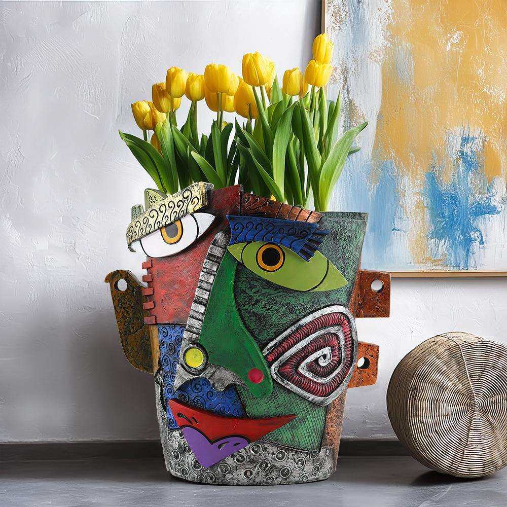 新品多彩皱眉抽象创意花盆树脂工艺品桌面阳台室内盆栽摆件