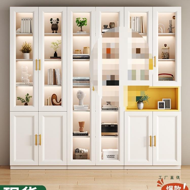 书柜实木生态板轻奢玻璃门落地简约现代家用防尘靠墙一体办公书架