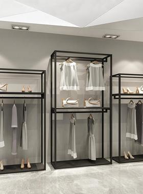 男女装店铺双层挂衣架黑色铁艺货架陈列架服装店展示架落地式衣架