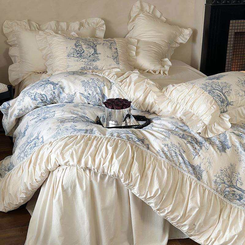 法式床裙四件套全棉复古风水墨画褶皱被套双人纯棉斜纹床品秋冬