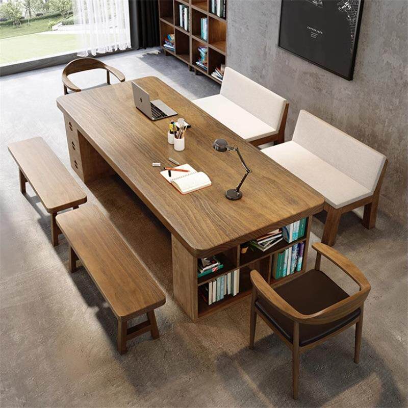 全实木大书桌简约现代家用客厅学习书法桌带书架抽屉原木大工作台