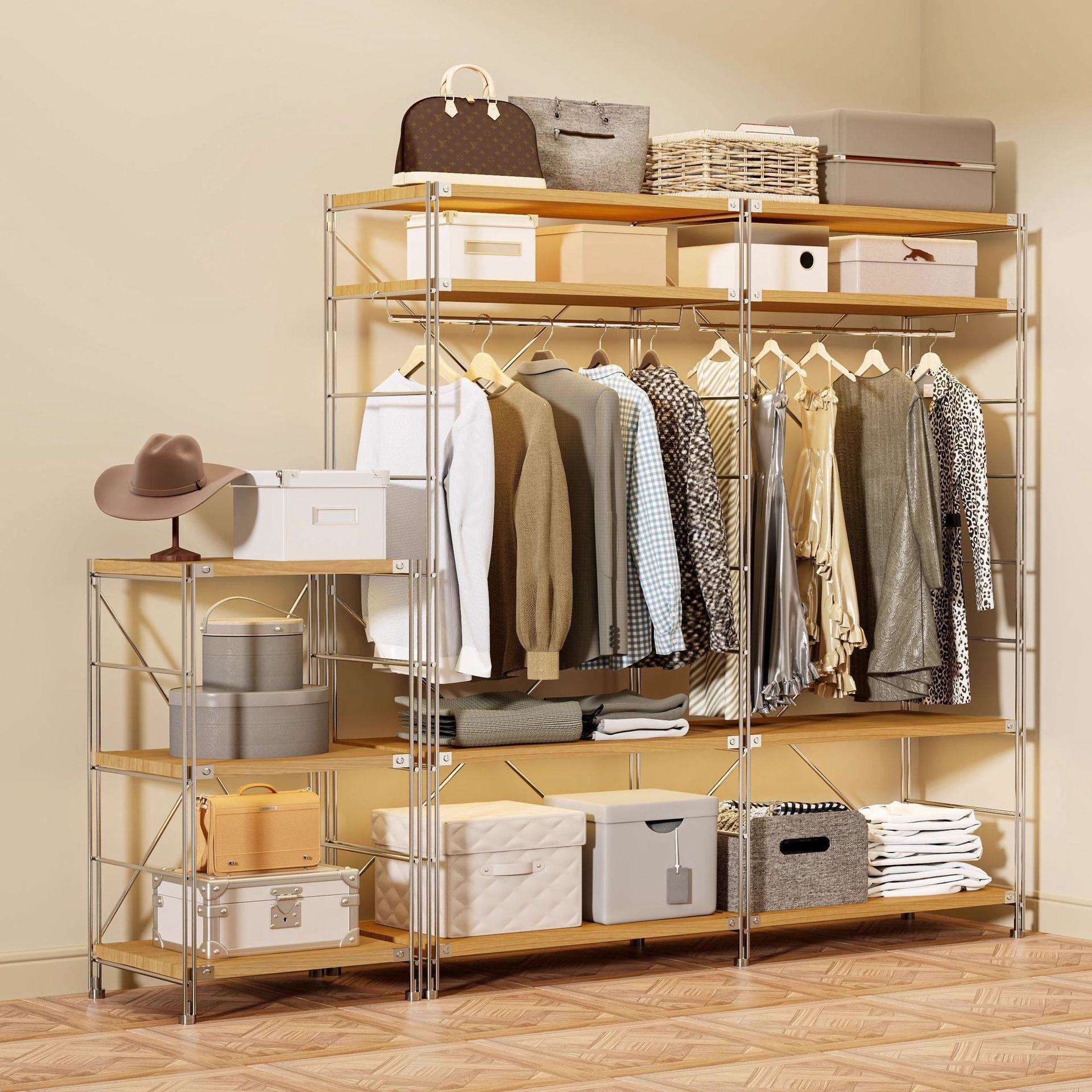 家用开放式衣帽架日式中古风落地挂衣架卧室收纳衣柜简易置物架