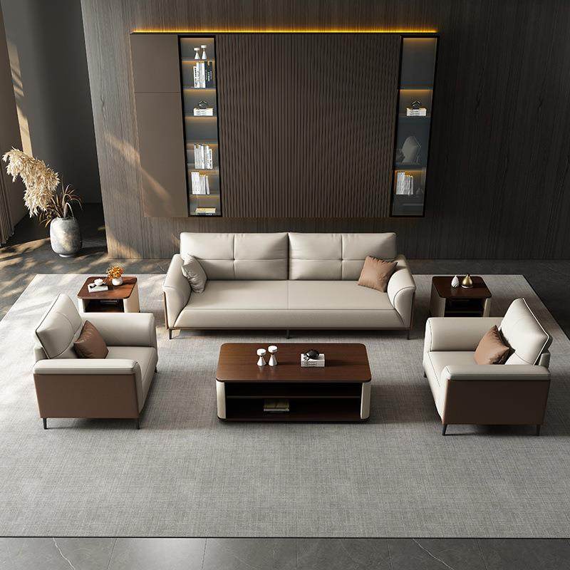 办公沙发茶几组合套装简约接待室休闲会客三人位真皮办公室皮沙发