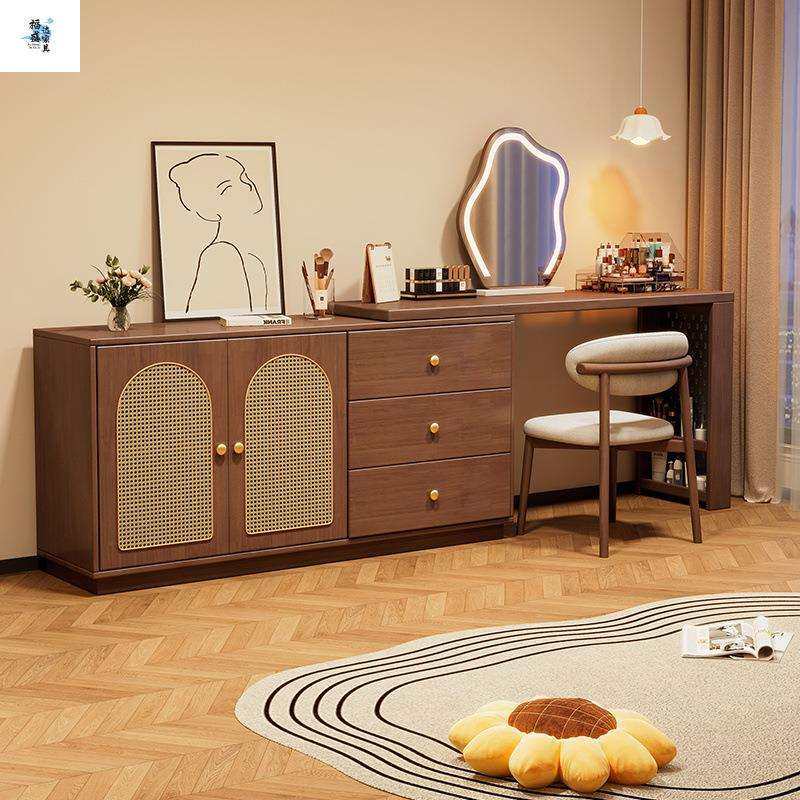 书桌柜子一体中古风卧室成套家具小户型可伸缩梳妆台凳转角斗柜