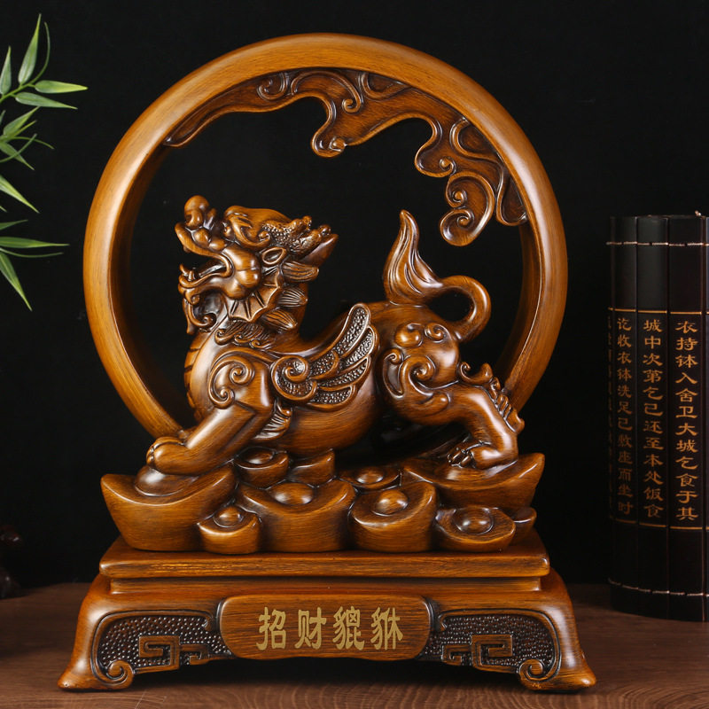 树脂工艺品木纹招财貔貅中式摆件创意招财旺财办公室客厅桌面摆件