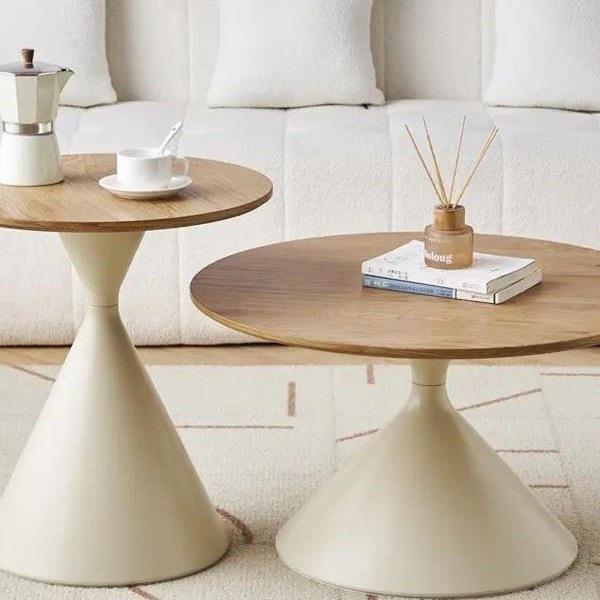 奶油风实木茶几家用极简客厅小户型现代简约感圆形可移动边几组装