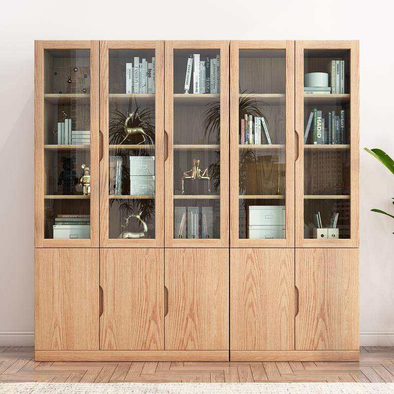 全实木橡木书柜带玻璃门组合书架书橱简约现代书房家用落地文件柜