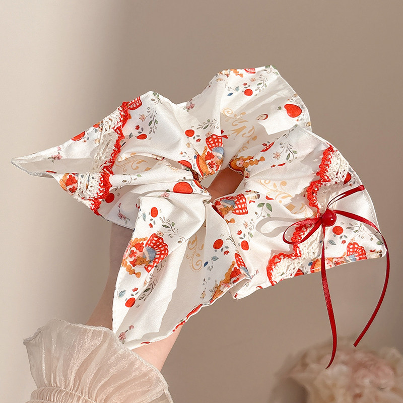 可爱红苹果方巾发圈女扎发头绳蕾丝蝴蝶结头花少女显白肥肠圈发绳