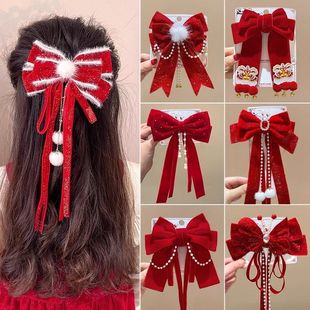 儿童蝴蝶结过年发夹女童新年红色头饰小女孩发饰韩国公主飘带发卡