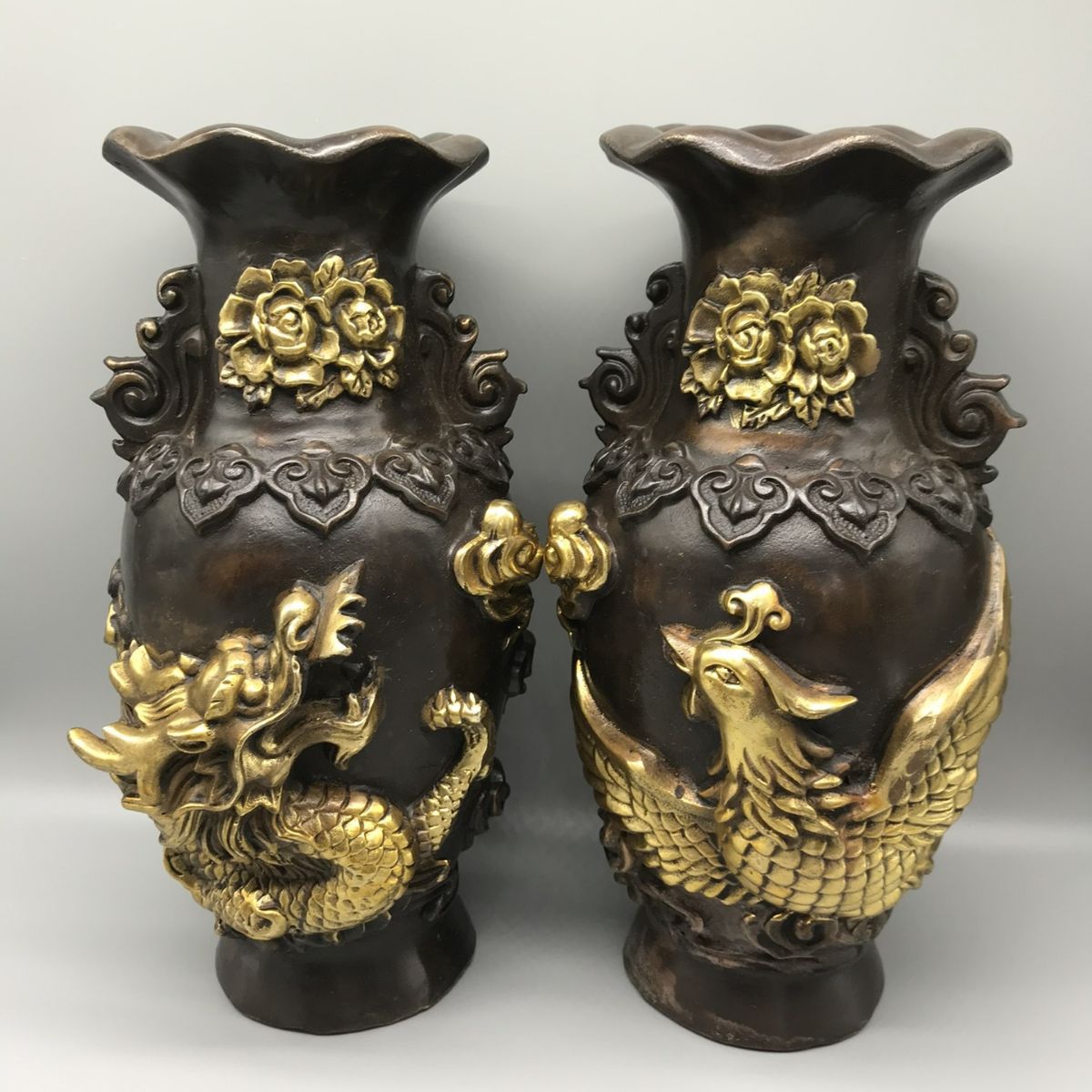 批发纯铜龙凤花瓶摆件仿古点金花瓶一对家居客厅工艺品装饰品摆设