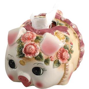 浮雕玫瑰猪陶瓷纸巾盒装饰抽纸盒新中式家居创意简约餐巾盒收纳盒