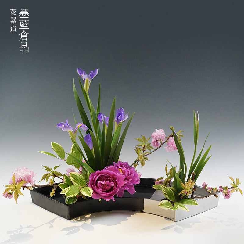 日式现货大扇形花器琳派小原流花道花盘写景插花器皿特大陶瓷大盘