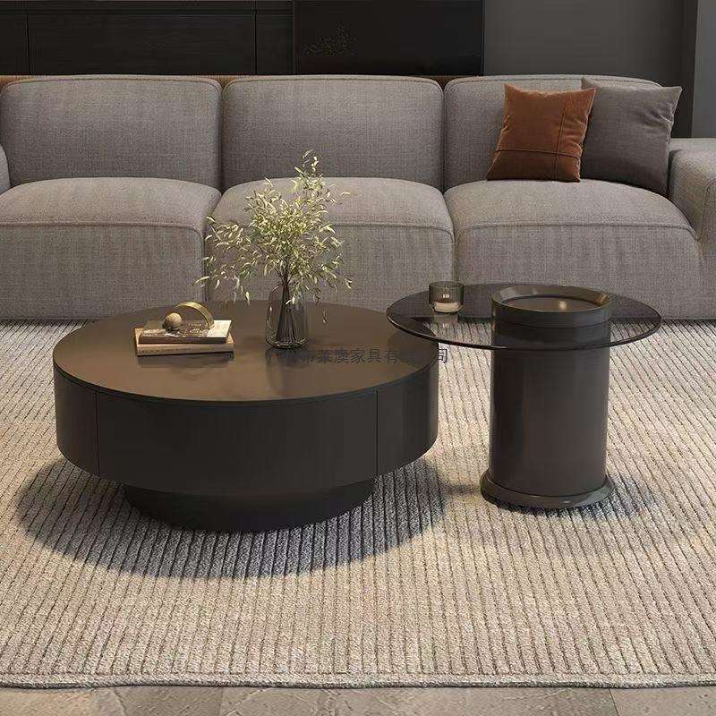 意式轻奢岩板茶几极简储物客厅小户型茶室感圆形家用茶桌组合