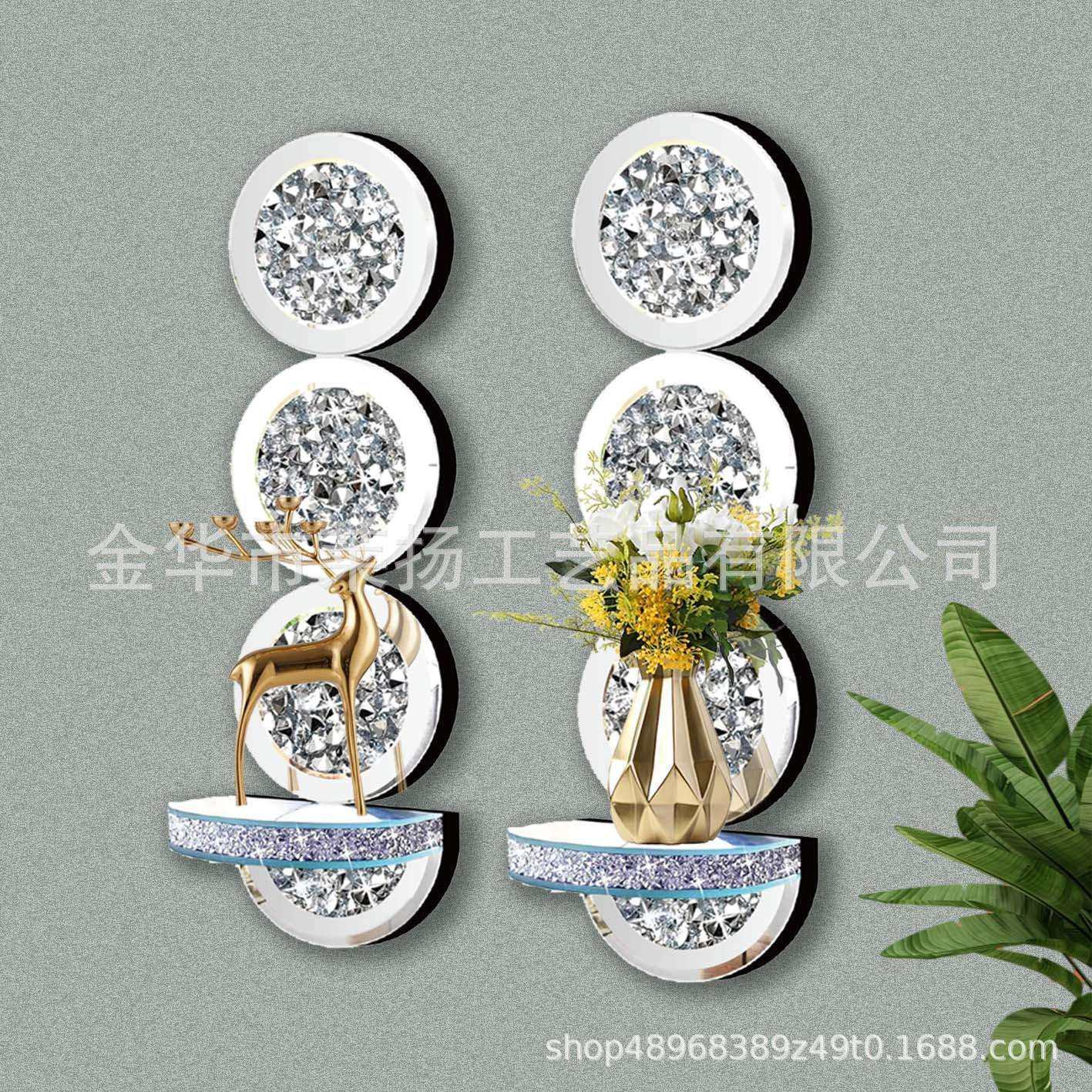 钻石烛台2件装，华丽的银色镜面壁灯，圆形烛台玻璃墙饰