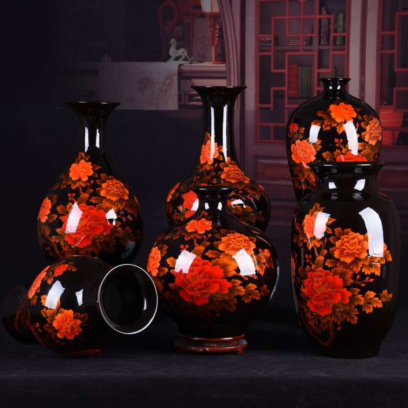 陶瓷花瓶摆件批发黑色牡丹花水晶釉观赏瓶现代家居客厅装饰品批发