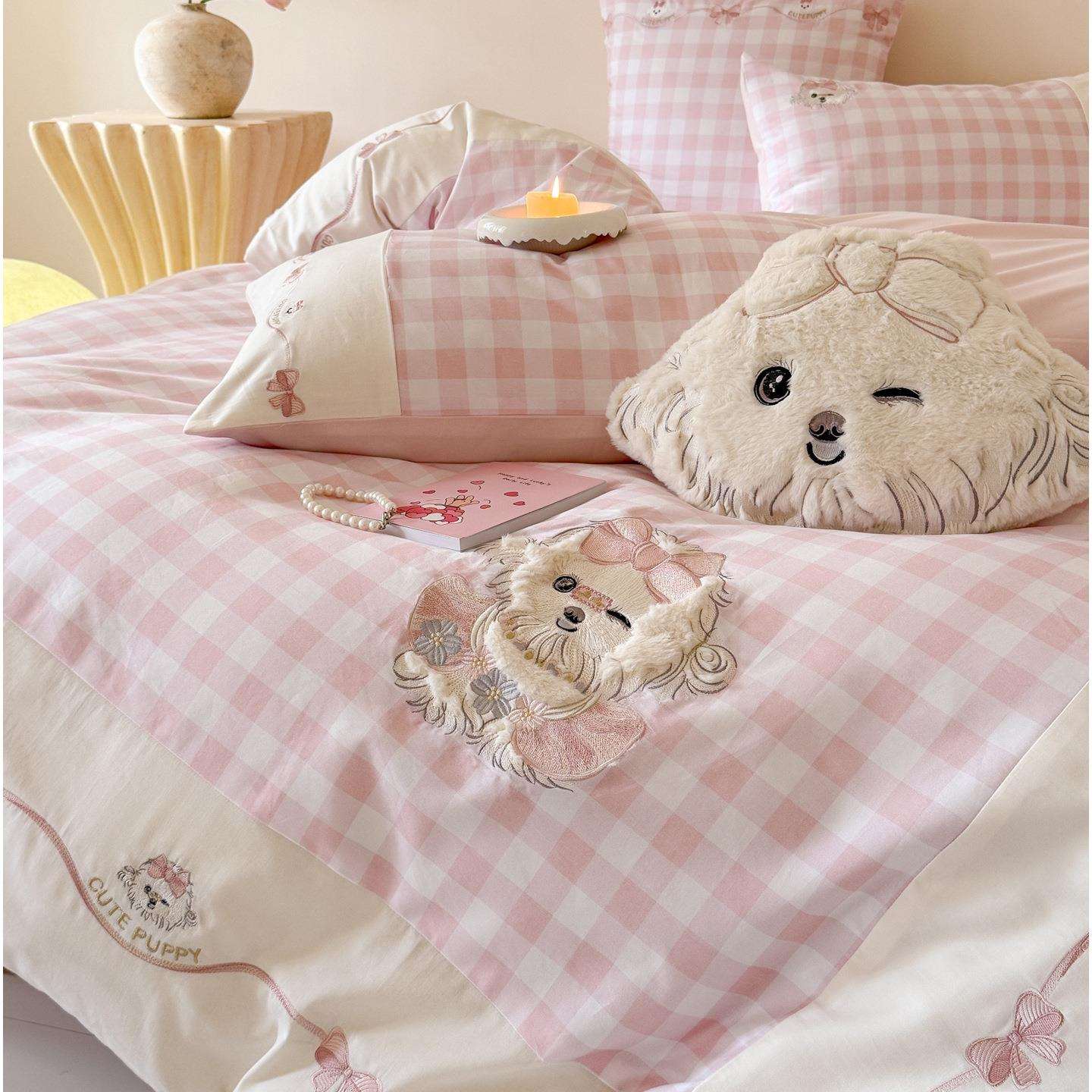 少女心秋冬超柔全棉磨毛四件套卡通可爱刺绣加厚被套床单床上用品