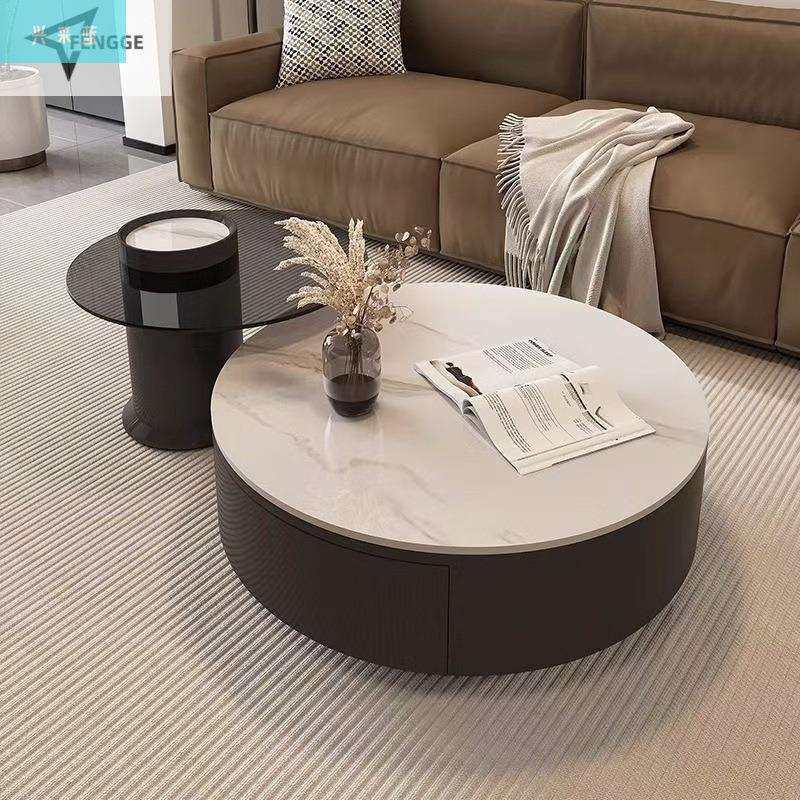 兴采蓝法式花色圆形家用茶桌黑色组合轻奢简岩板茶几简约现代客厅