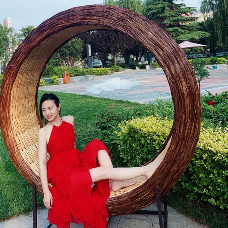 鸟巢藤编竹编网红拍照打卡鸟巢座椅草编爱心圆形秋千吊椅景观小品