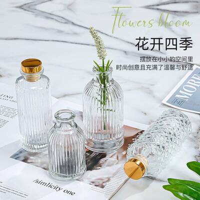 香薰瓶简约玻璃花瓶竖条装饰藤条干花扩香瓶100ml200ml罗马花瓶