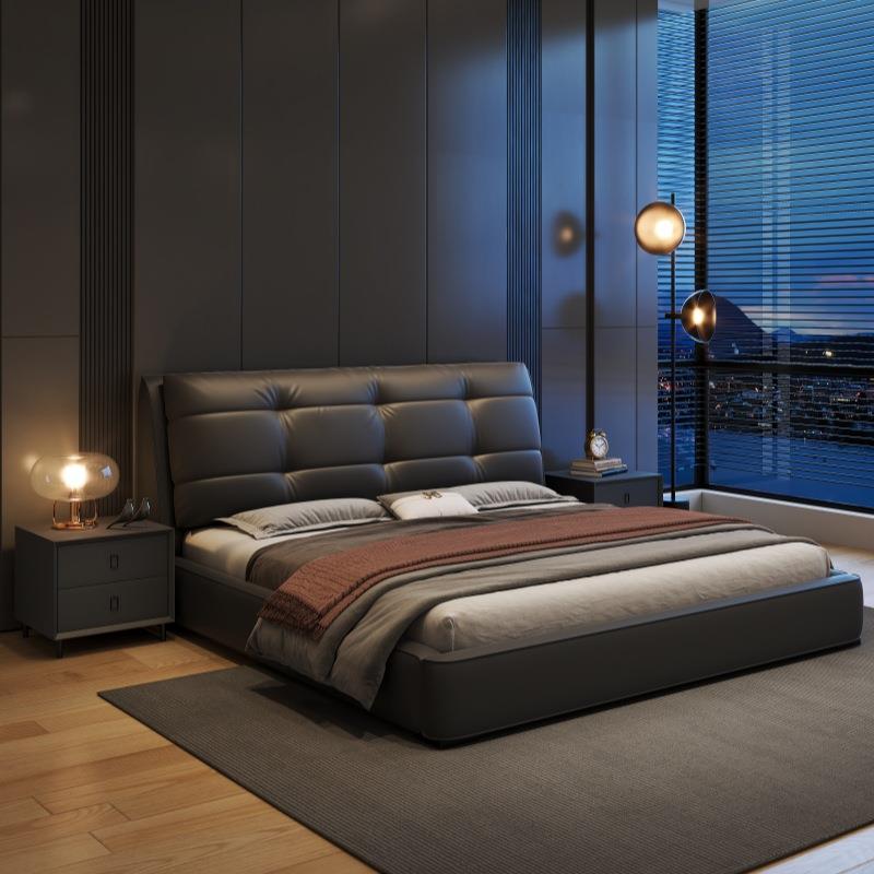 意式真皮床极简主卧1米8双人床家用2m储物软包婚床轻奢单人1.5m床