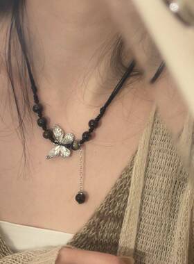 个性锁骨链新中式蝴蝶项链民族风手工编织串珠文艺森系小众复古潮