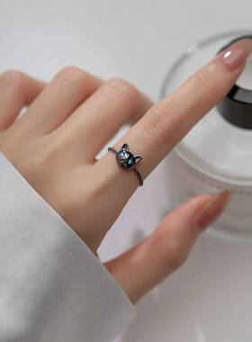 新款简约气质可爱甜美小猫咪戒指女小清新韩版时尚蓝钻麻花扭线指