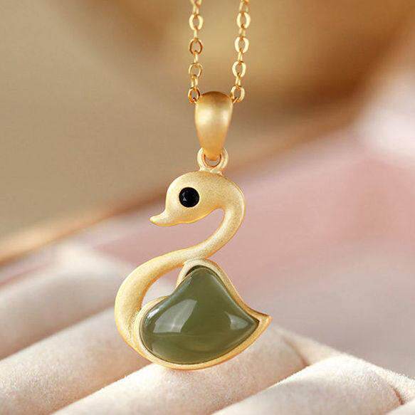 纯银镀金和田玉碧玉个性简约百搭气质天鹅女士吊坠套链