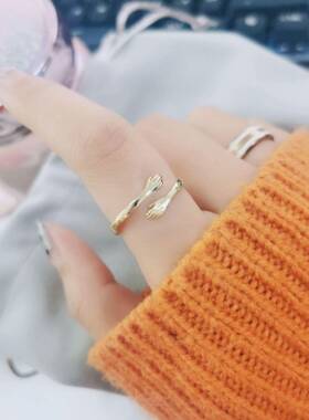 日韩创意浪漫双手拥抱戒指小众可爱复古跨境个性食指指环女