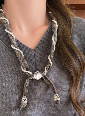 腰果花缠绕珍珠丝巾系脖项链女艺术生独特漂亮挂脖配饰长款毛衣链