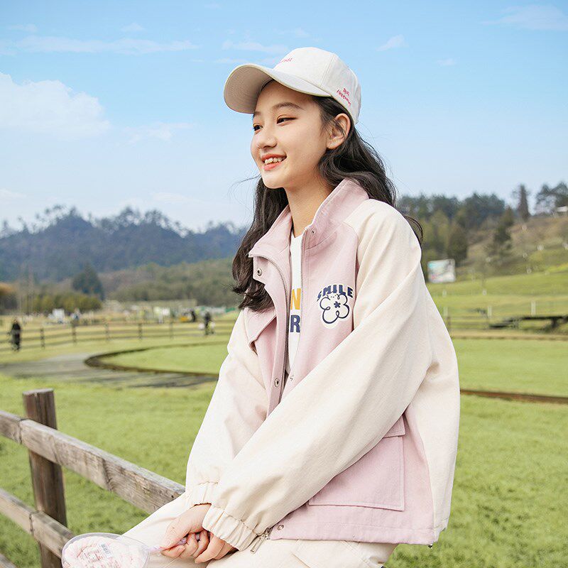 高中女生春装秋季新款2024初中学生少女大童夹克外套纯棉印花工装