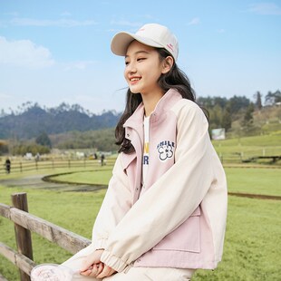 高中女生春装秋季新款2024初中学生少女大童夹克外套纯棉印花工装
