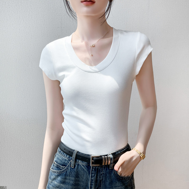 U领短袖T恤女夏季韩版修身显瘦收腰正肩内搭纯色简约半截袖上衣棉