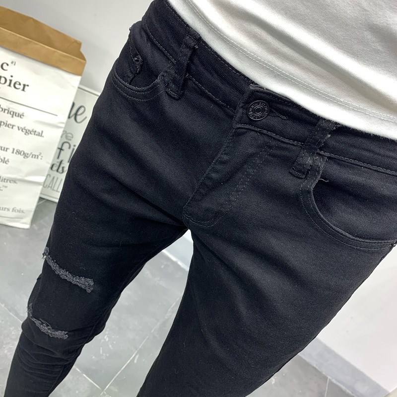 夏季牛仔裤男膝盖一字破洞韩版修身小脚黑色休闲潮流男士九分裤子