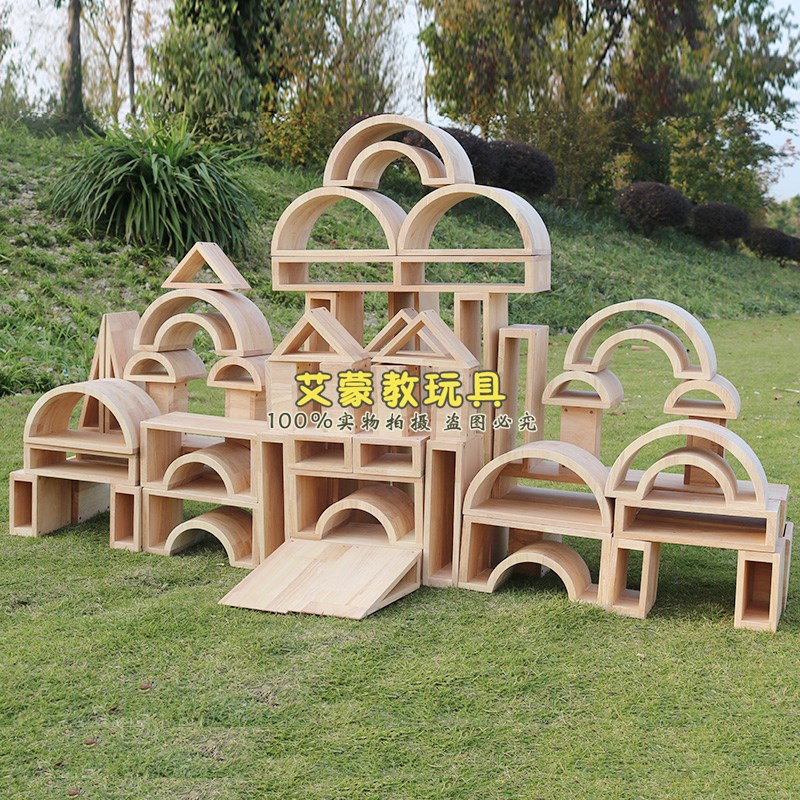 幼儿园儿童木制建构积木大型中空积木58件116件空心积木原木实木