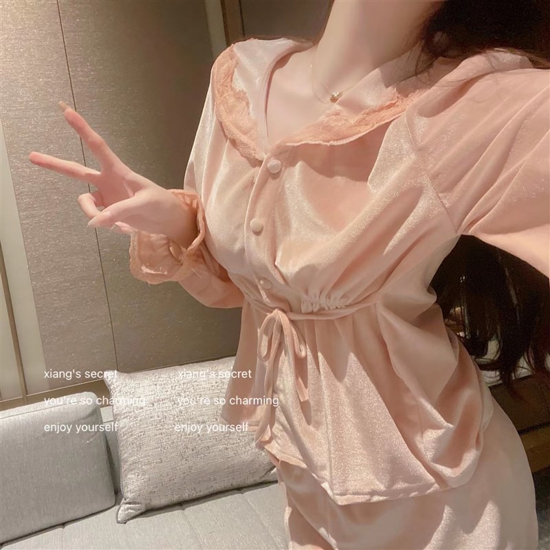 香香的秘a密*秋冬质感丝绒少女居家睡衣套装宫廷蕾丝保暖花边显瘦