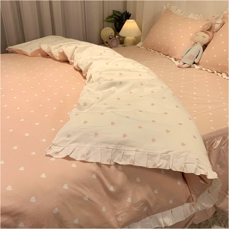 韩版淑女公主风胭脂玉爱心小清新全棉四L件套纯棉床裙款床上用品