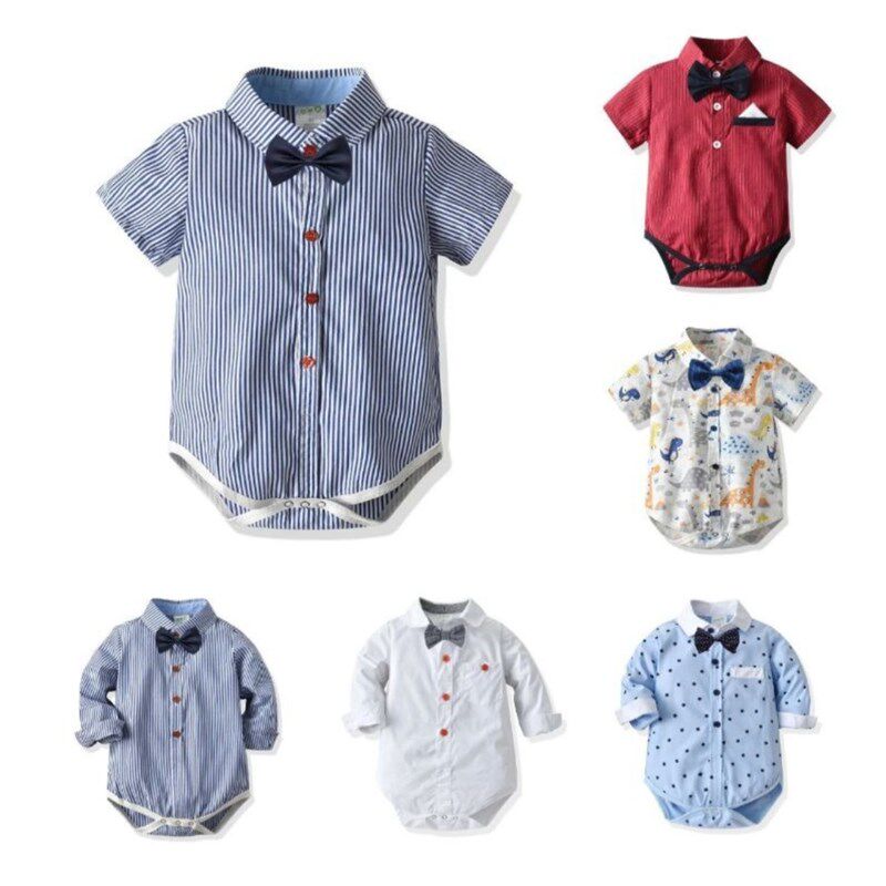 婴幼儿三角爬衣男童宝宝春夏衬衫哈衣礼服百日生日抓周服送领结